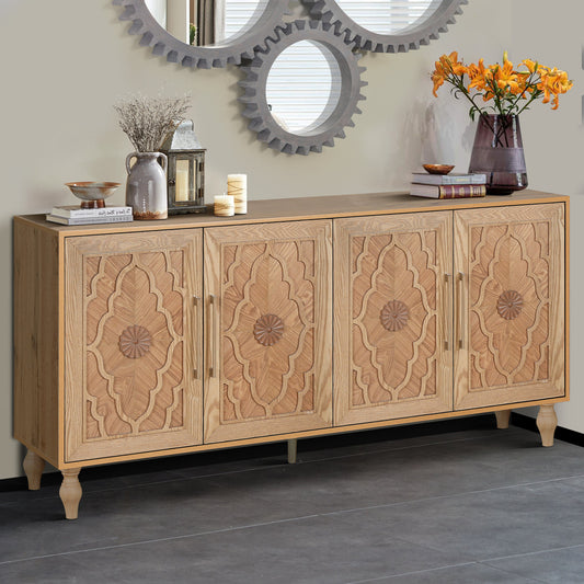 Carved Flower Door Large Storage Cabinet With Metal Handle Suitable - Natural Wood
