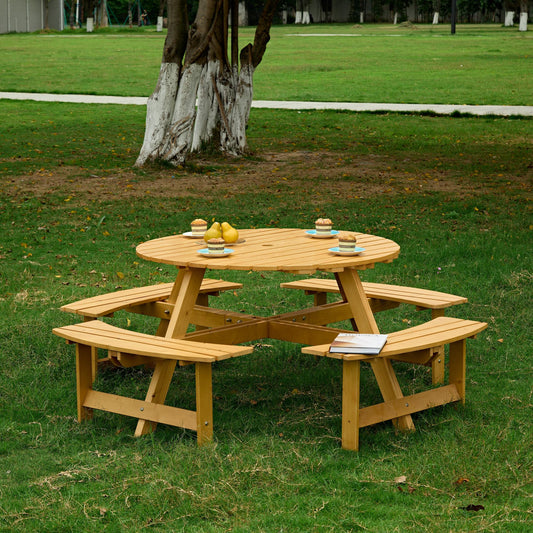 Outdoor 8 Person Picnic Table, 8 person Round Picnic Table with 4 Built-in Benches, Umbrella Hole, Outside Table and Bench Set, Porch