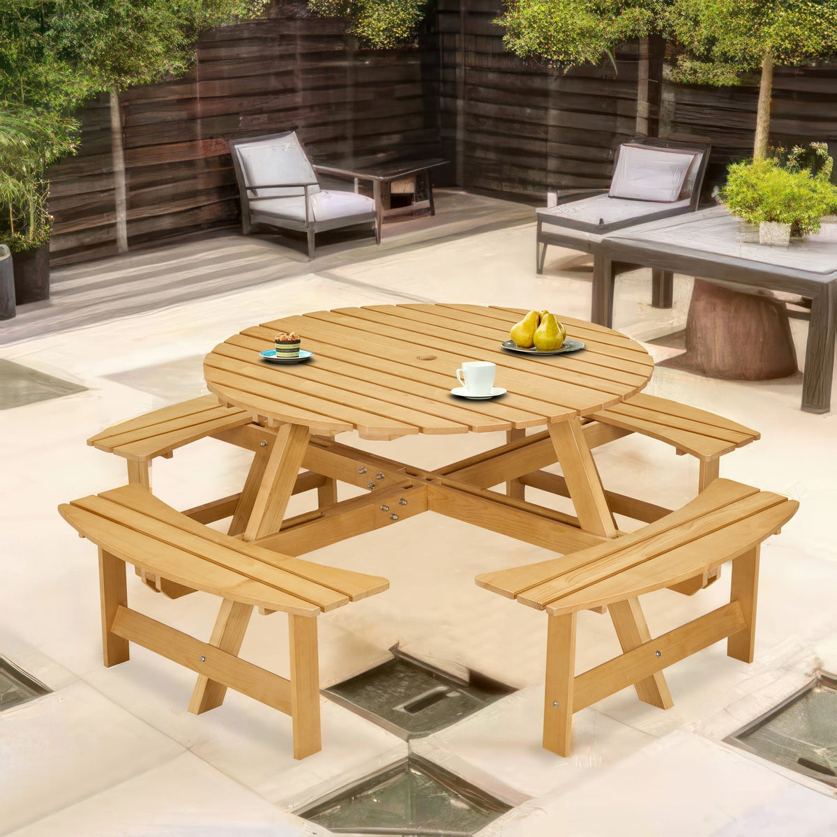 Outdoor 8 Person Picnic Table, 8 person Round Picnic Table with 4 Built-in Benches, Umbrella Hole, Outside Table and Bench Set, Porch