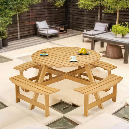 Outdoor 8 Person Picnic Table, 8 person Round Picnic Table with 4 Built-in Benches, Umbrella Hole, Outside Table and Bench Set, Porch
