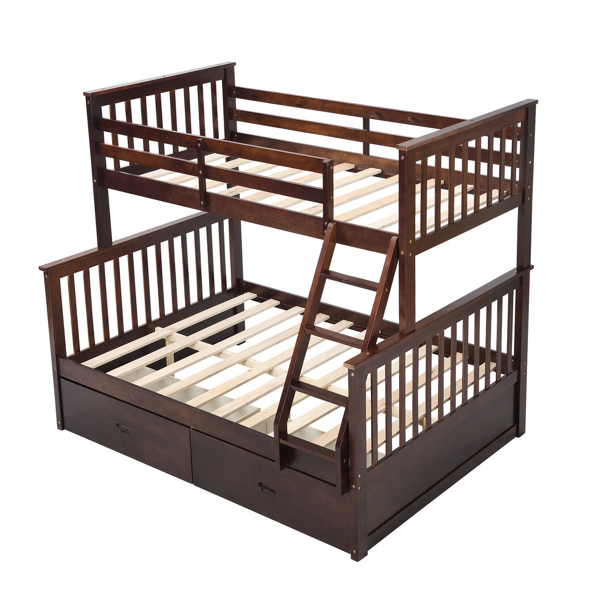 Espresso Wooden Twin Over Full Bunk Bed with Storage Drawers, Ladder, and Safety Guard Rails