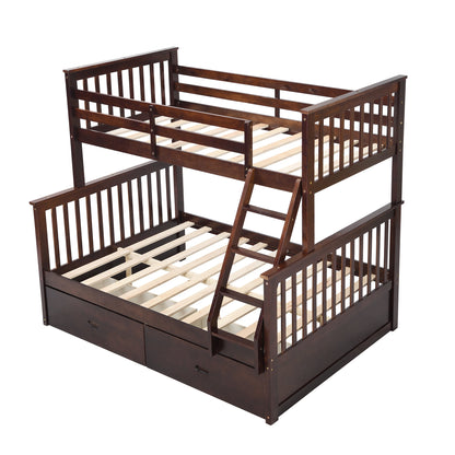 Espresso Wooden Twin Over Full Bunk Bed with Storage Drawers, Ladder, and Safety Guard Rails