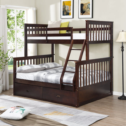 Espresso Wooden Twin Over Full Bunk Bed with Storage Drawers, Ladder, and Safety Guard Rails