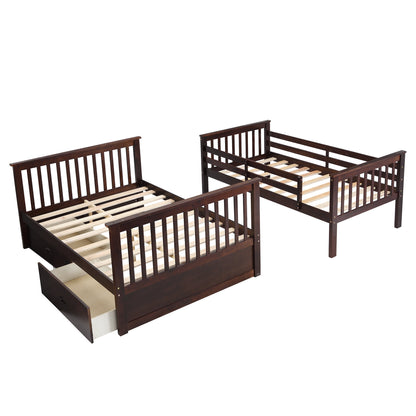 Espresso Wooden Twin Over Full Bunk Bed with Storage Drawers, Ladder, and Safety Guard Rails