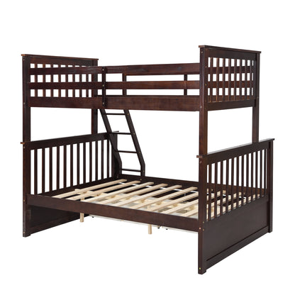 Espresso Wooden Twin Over Full Bunk Bed with Storage Drawers, Ladder, and Safety Guard Rails