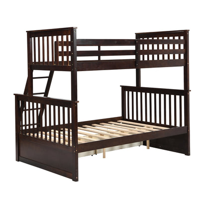 Espresso Wooden Twin Over Full Bunk Bed with Storage Drawers, Ladder, and Safety Guard Rails