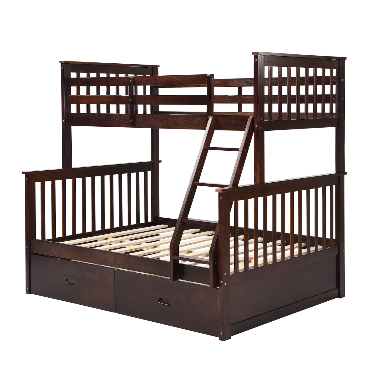 Espresso Wooden Twin Over Full Bunk Bed with Storage Drawers, Ladder, and Safety Guard Rails