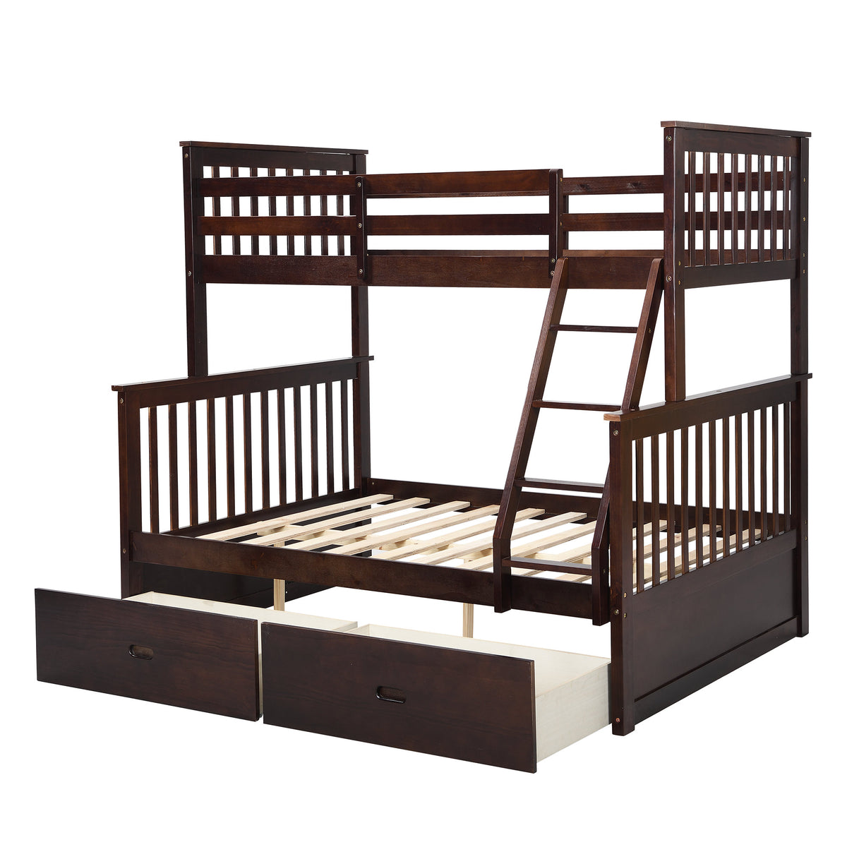 Espresso Wooden Twin Over Full Bunk Bed with Storage Drawers, Ladder, and Safety Guard Rails