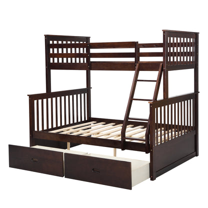 Espresso Wooden Twin Over Full Bunk Bed with Storage Drawers, Ladder, and Safety Guard Rails