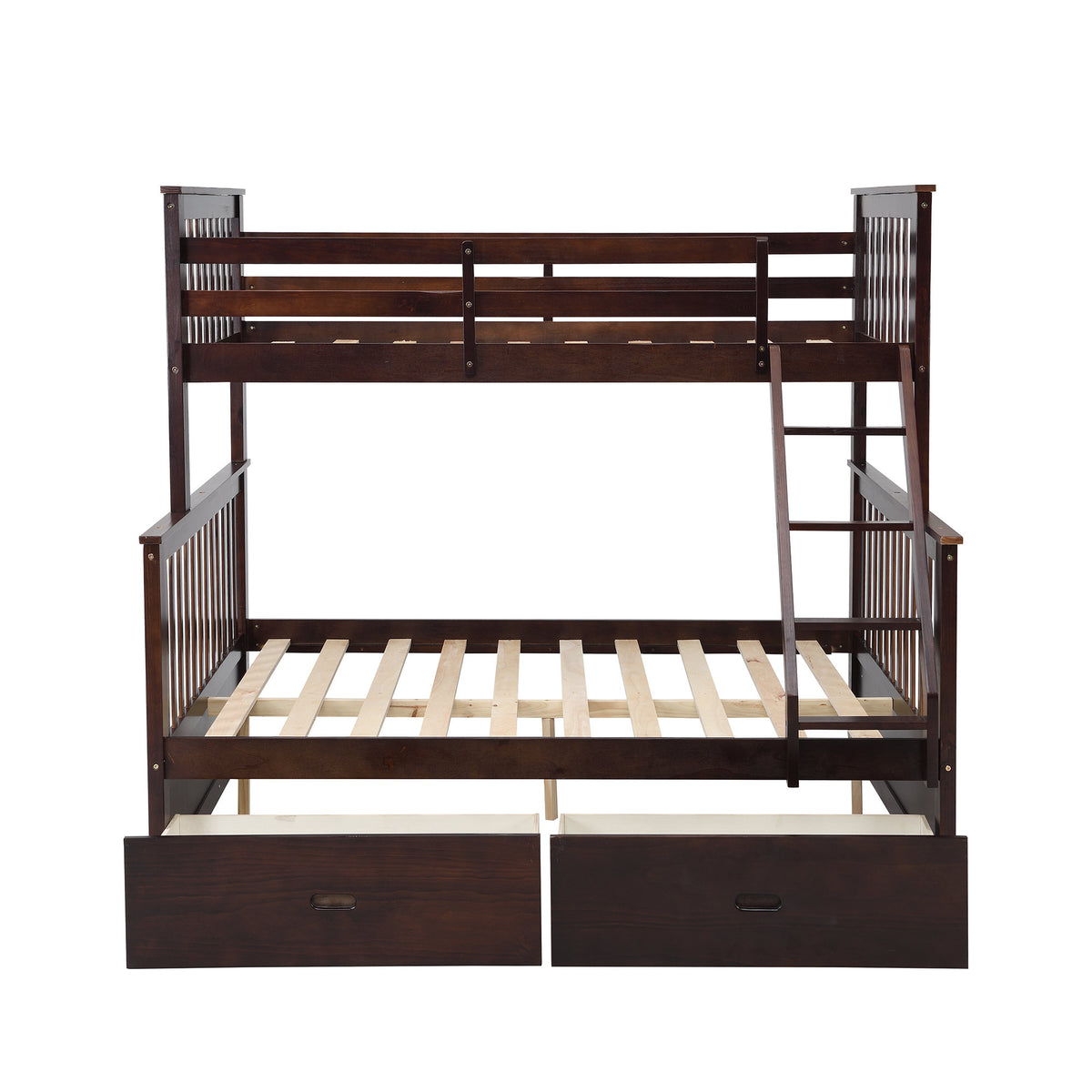 Espresso Wooden Twin Over Full Bunk Bed with Storage Drawers, Ladder, and Safety Guard Rails
