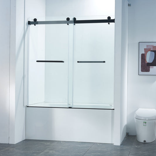 56-60" W x 60" H Frameless Double Sliding Tub Shower Door, 304 Stainless Steel in Matte Black, 5/16" Thick SGCC Tempered Clear Glass.