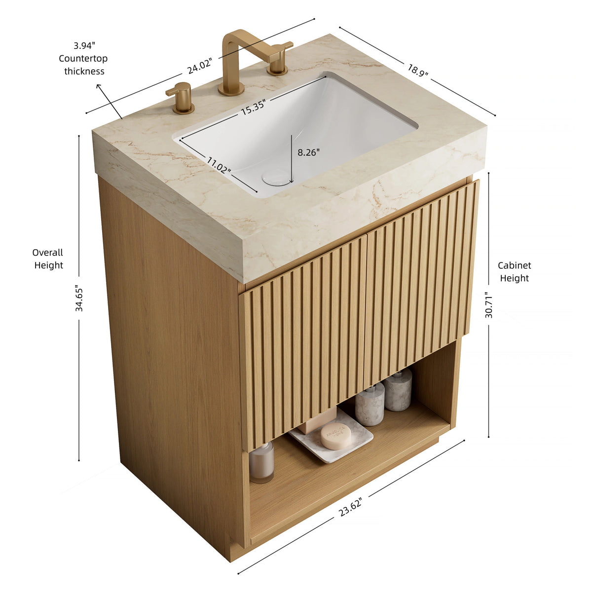 FINO 24" Bathroom Vanity&Sink,Freestanding Cabinet,Cream Gold Vein Sintered Stone Top&Ceramic Basin with 3 Pre-drilled Faucet Holes, Disassembled, Faucet & Drain Excluded, Corolla Oak Woodgrain Color