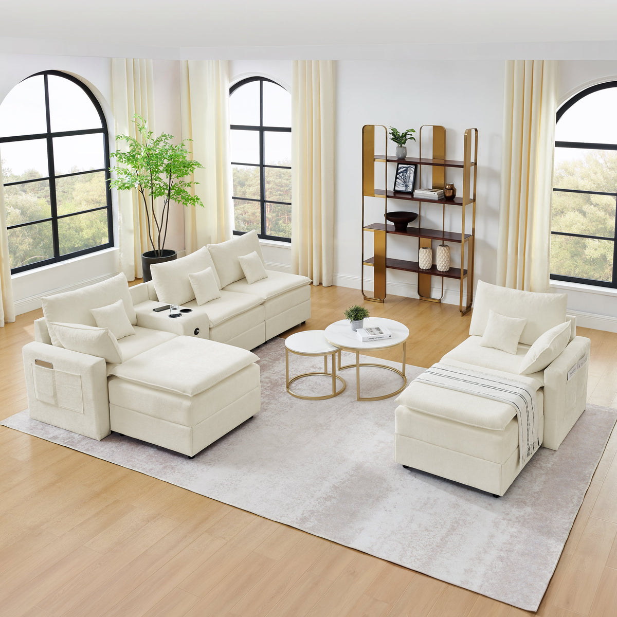 143.8'' U-shaped Modular Sectional Sofa with Center Console, Cup Holder, USB Charger,Movable Ottoman,Modern Comfy 4-6 Seater Chenille Cloud Couch for Spacious Living Room, Beige
