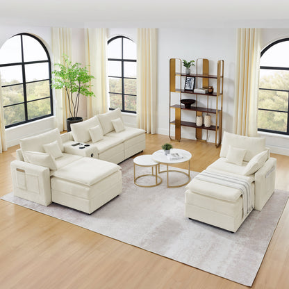 143.8'' U-shaped Modular Sectional Sofa with Center Console, Cup Holder, USB Charger,Movable Ottoman,Modern Comfy 4-6 Seater Chenille Cloud Couch for Spacious Living Room, Beige