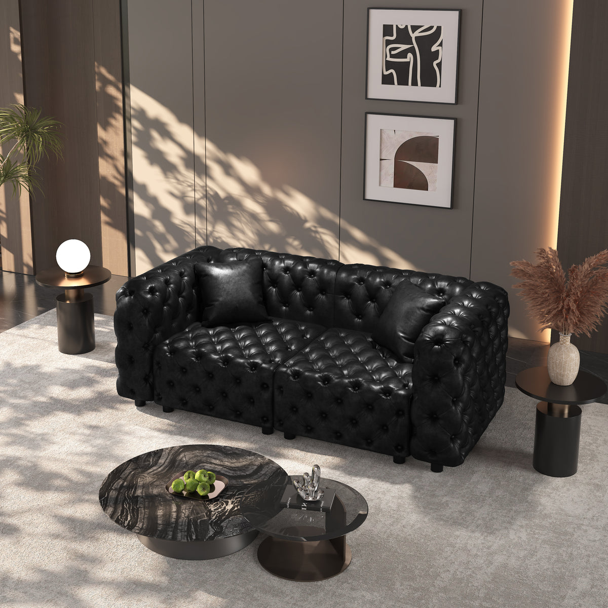 77' Modern Sofa Set, Faux Leather Upholstered Modular 2-Seater Sectional Couch with Pure Handmade Button Tufted Design, 2 Pillows, Multi Combination for Living Room,Black