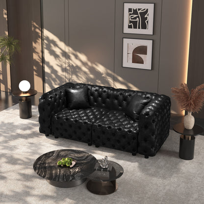 77' Modern Sofa Set, Faux Leather Upholstered Modular 2-Seater Sectional Couch with Pure Handmade Button Tufted Design, 2 Pillows, Multi Combination for Living Room,Black
