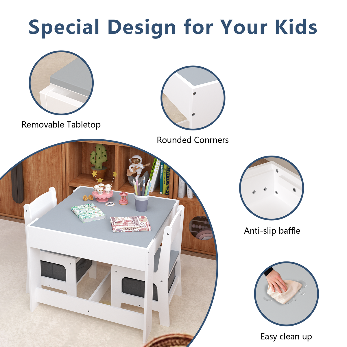 Kids Table and Chair Set, 3-in-1 Wooden Activity Table with Storage Drawer for Toddlers Drawing, Reading, Crafts, 2-in-1 Detachable Top in White+Gray MDF