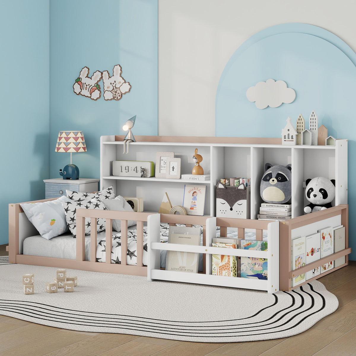 Twin Size Kids Wooden Platform Bed Frame with Guardrail Fence, Side Storage Shelves & Book Shelf, Space Saving Floor Bed,Nude and  White