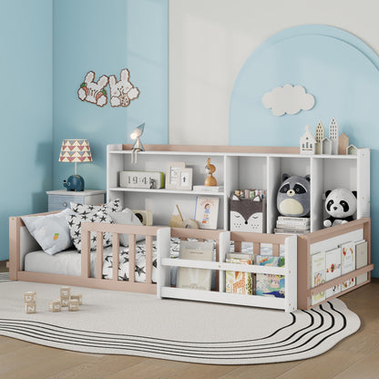 Twin Size Kids Wooden Platform Bed Frame with Guardrail Fence, Side Storage Shelves & Book Shelf, Space Saving Floor Bed,Nude and  White