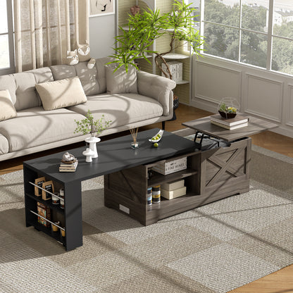U-Can Farmhouse  Lift Top Coffee Table With Barn Doors, Wood Rectangle Center Table With Large Hidden Storage Space And Open Cabinet, For Living Room, Bedroom, Home Office