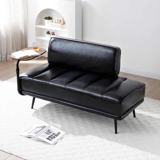 55'Inch Width Modern End of Bed Bench,Black Faux Leather Upholstered With side table, 360-degree Swivel tray couch,Entryway Ottoman,Window Bench with  Metal Legs for Bedroom, Living Room