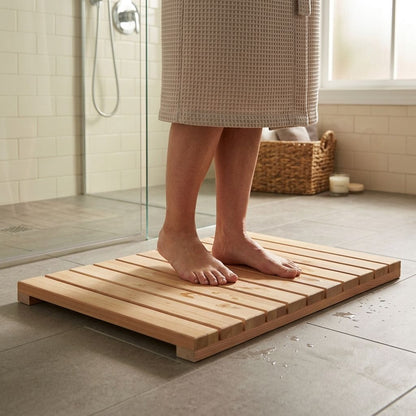 Cedar Wood Shower Mat - Non-Slip Slatted Wooden Bath Mat with Rubber Feet, 24" x 16" Floor Pad for Bathroom, Bathtub, Spa, Sauna & Garden, Indoor/Outdoor Use