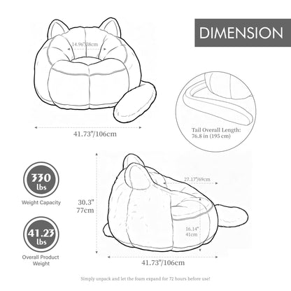 41.7'' W Boneless Single Sofa, Faux Fur Large Bean Bag, Cat Shaped with Tail Pillow Fluffy Beanbag, Comfy Accent Floor Chair for Reading, Gaming Nap Lounge in Living Room Bedroom Dorm Apartment, Beige