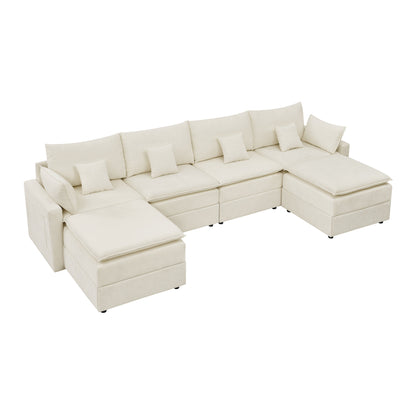 132" Cloud Modular Sectional Sofa, Deep Seat U Shaped Couch with Ottoman, Chenille Upholstered Sofa with Chaise, Plush Cushions, 6 Seat Modern Comfy Couch for Living Room & Apartment, Beige