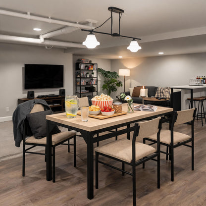 5-Piece Dining Table Set for 4, 47.24" Dining Table with 4 Upholstered Linen-Look Chairs, Black Metal Frames, Modern Kitchen & Dining Room Furniture
