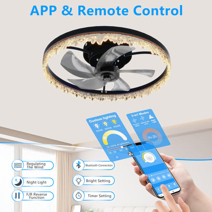 Smart Flush Mount Ceiling Fan with Light - 20-inch Integrated LED Chandelier with 5 Invisible Blades, Remote Control & Timer