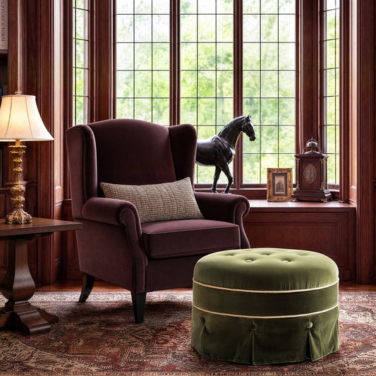 Maribel 24" Round Upholstered Accent Ottoman, Olive Green, Olive Green Performance Velvet