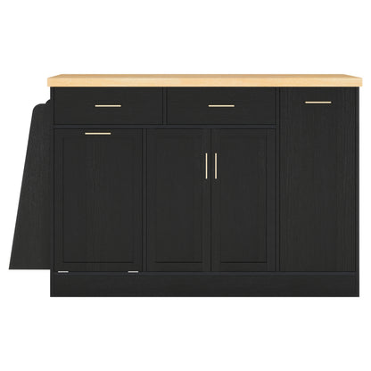 TREXM Multi-Functional Black Kitchen Sideboard with Sliding Door Cabinet, 3-Tier Spice Rack, and Hidden Trash Storage - MDF & Particle Board, 58' L