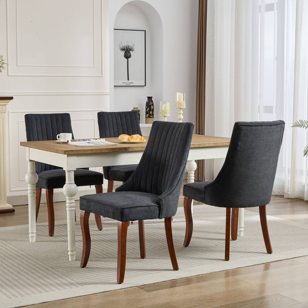 Rayon Cloth Flocking Linen Dining Chairs Channel Kitchen Dinner Chair Comfy Fabric Upholstered Accent Chair for Dining Room with Curved - Black