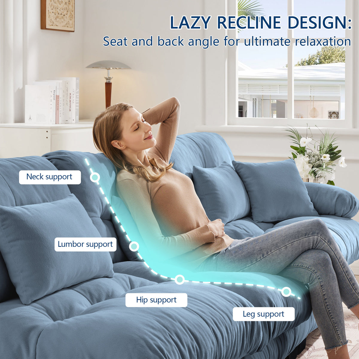 Cloud Couch 2 Seater Sofa, Chenille 2 - Seat sofa with 2 Lumbar pillows and 2 throw pillows, Chenille Blue