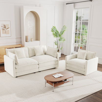 2 Seater Loveseat and Chair Set, 2 Piece Sofa & Chair Set, Loveseat and Accent Chair , 2-Piece Upholstered Chenille Sofa Living Room Couch Furniture(1+2 Seat ) ,White Chenille