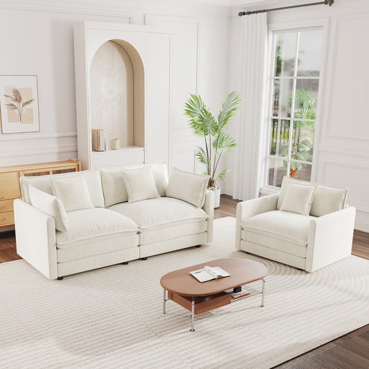 2 Seater Loveseat and Chair Set, 2 Piece Sofa & Chair Set, Loveseat and Accent Chair , 2-Piece Upholstered Chenille Sofa Living Room Couch Furniture(1+2 Seat ) ,White Chenille