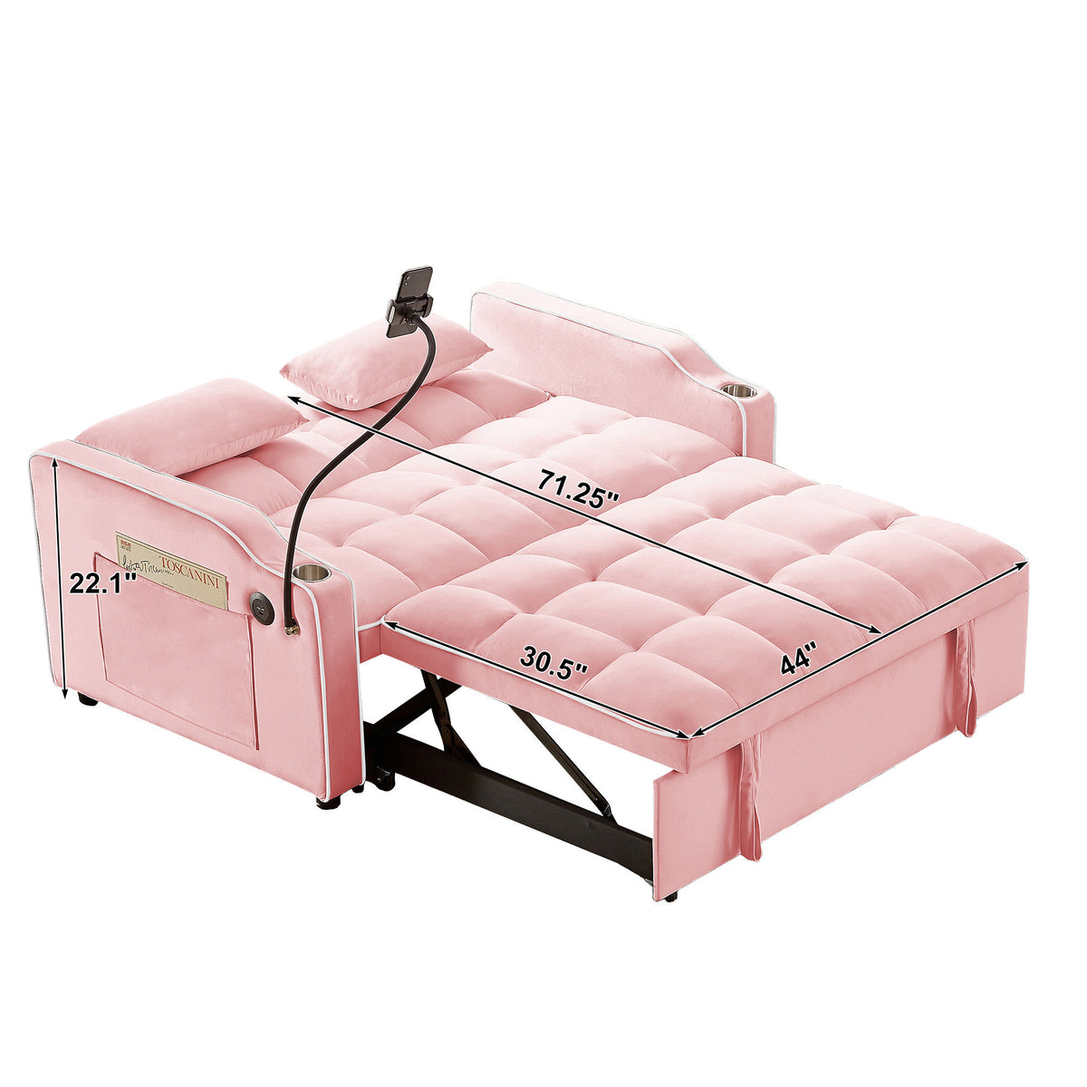 Versatile Foldable Double Seat Recliner,Comfortable Velvet Pull-Out Sleeper Sofa Bed with Side Pockets,USB Port,Swivel Phone Stand, Ashtray and Adjustable Backrest