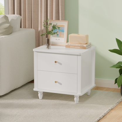 Modern 2-Drawer Nightstand, MDF Wooden Bedside Table with Round Knobs, Small Bedside Cabinet End Table for Bedroom, Living Room, Kids Room, White