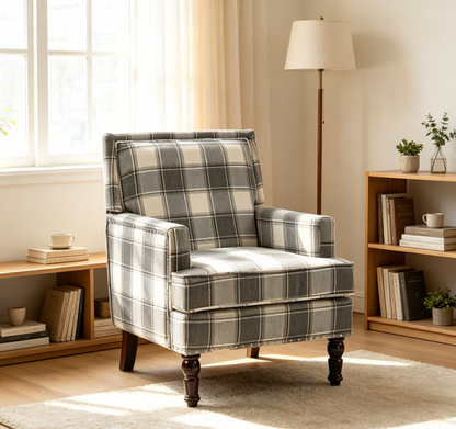 Upholstered Accent Chair, Vintage Armchair with Grey Linen Fabric and Nailhead Trim