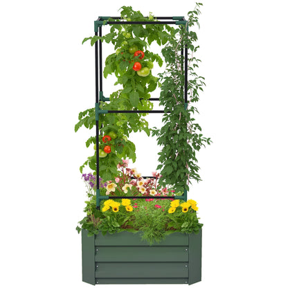 Outsunny Galvanized Raised Garden Bed, 55' Tall Outdoor Planter Box with Trellis Tomato Cage and Open Bottom for Climbing Vines, Vegetables, Flowers in Backyard, Garden, Patio, Green