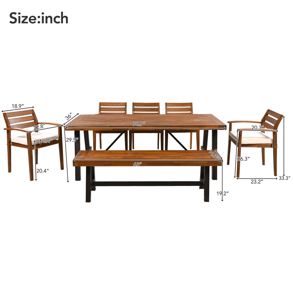 GO Outdoor Wood Dining Set For 7-8 Person, Outdoor Dining Furniture With Removable Cushions, Ergonomic Chairs And Bench, Thicker Table
