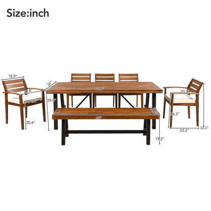 GO Outdoor Wood Dining Set For 7-8 Person, Outdoor Dining Furniture With Removable Cushions, Ergonomic Chairs And Bench, Thicker Table
