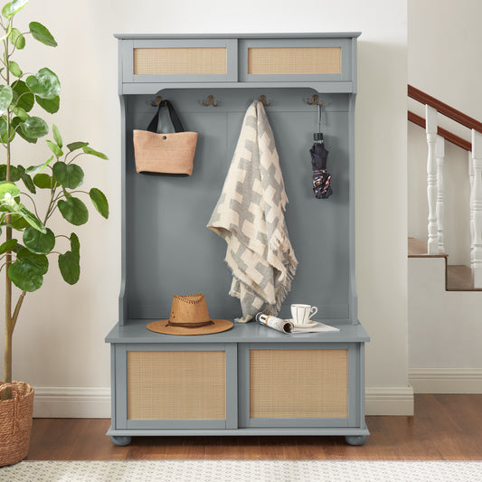 Clothes hanger Hall Tree Storage Bench Shoe Rack for Entryway, Hall Tree with Bench and Shoe Storage, Hall Tree Entryway Bench with Rattan Door Gray, 40.16'W*18.58'D*64.17'H