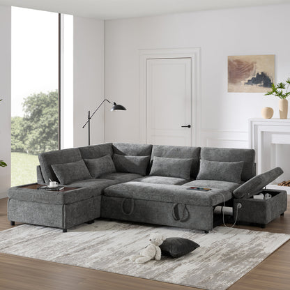[VIDEO]107'' Sectional Sleeper Sofa Bed with Pull Out Couch, L-shaped with Adjustable Armrest, USB&Type-C Charging