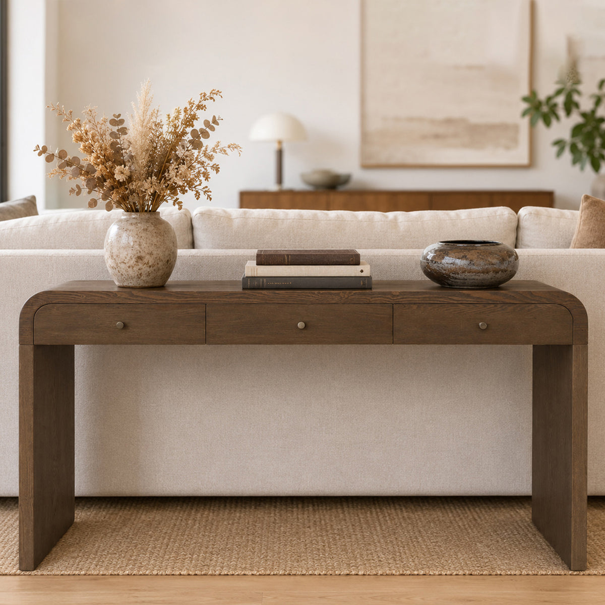 Dark Brown Curved Design 3-Drawer Long Console Table,  Entryway Sofa Table with Gold Pull Handles, Storage Accent Table for Living Room Hallway Foyer