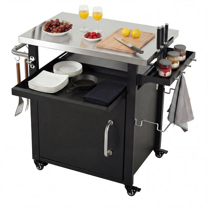 K&K 39.5" Outdoor Grill Cart with Storage Cabinet, Outdoor Bar Cart Pizza Oven Table with Wheels, Stainless Steel Top
