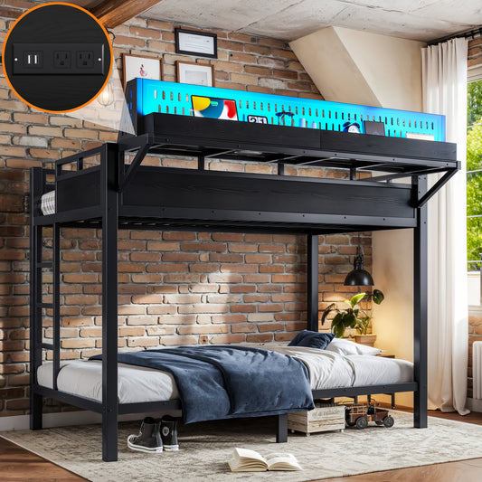Twin XL over Twin XL Size Metal Bunk Bed with Storage Shelves and Pegboard, Bunk Bed Frame with USB Ports and LED Lights, Space-Saving, for Teens and Adults, Black