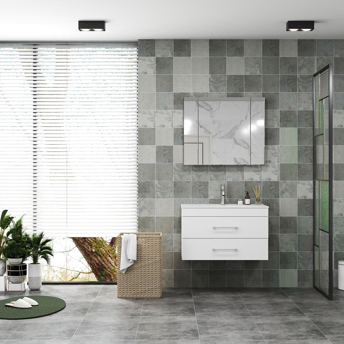 32-Inch White Gloss Wall-Mounted Bathroom Vanity with Double Drawers, Soft-Close System,Ceramic Sink, Create a Modern and Minimalist Bathroom Space!