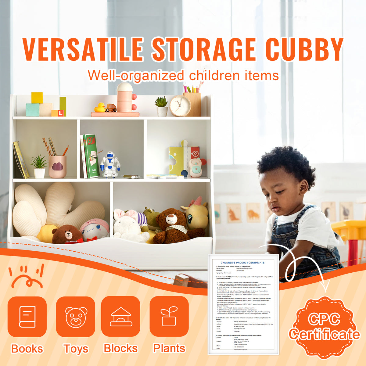 Wood Kid Storage Cubby, Toy Storage Organizer with Bookshelf, 5-Cubby Wood Toy Storage Cabinet, Children Book Toy Shelf, Kindergarten, White