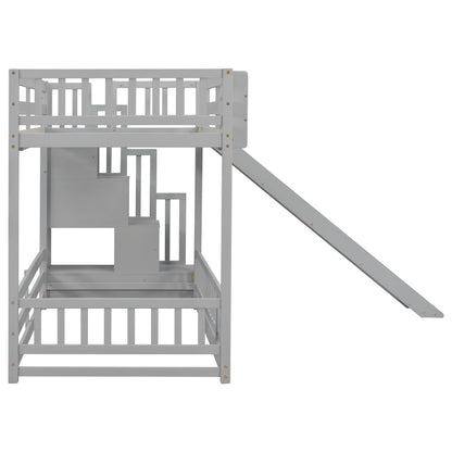 Twin Over twin Bunk Bed with Slide, Storage Staircase, Bedside Storage Rack,LED lights,Pine Solid Wooden Bunk Bed with Safety Guardrails ,Grey